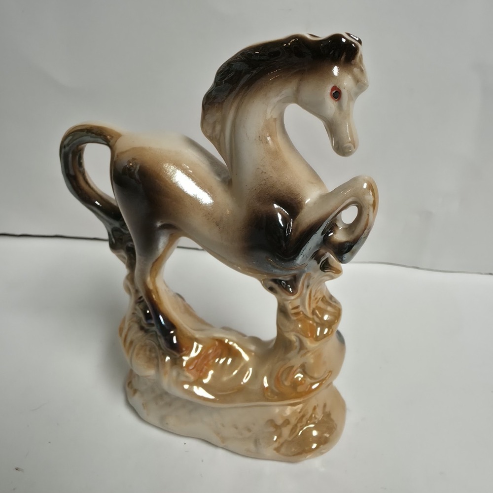 Vintage Lusterware Ceramic Prancing Horse Figurine Statue Brazil MCM Brown 7"